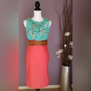 Alyx Coral Orange & Mint Green Floral Belted Dress - size 4 NWOT